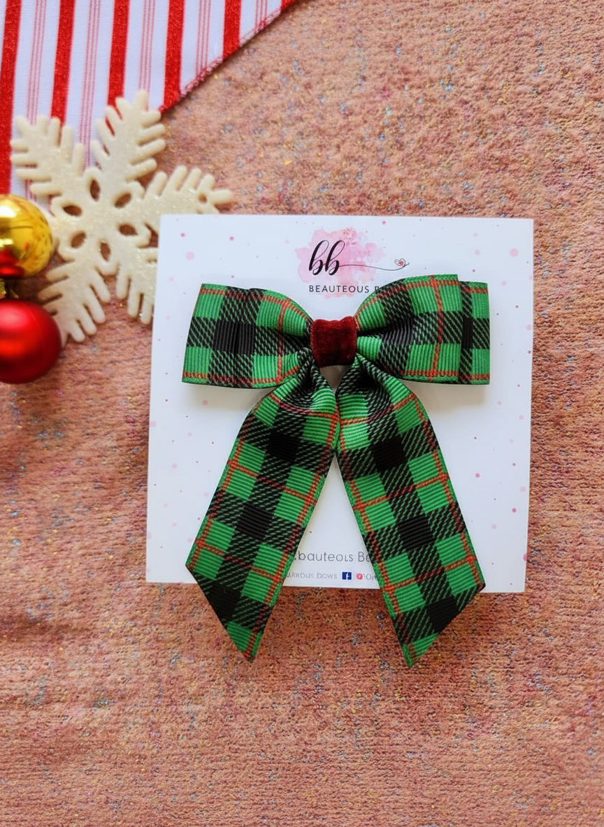 Plaid Printed Tail Bow - Green