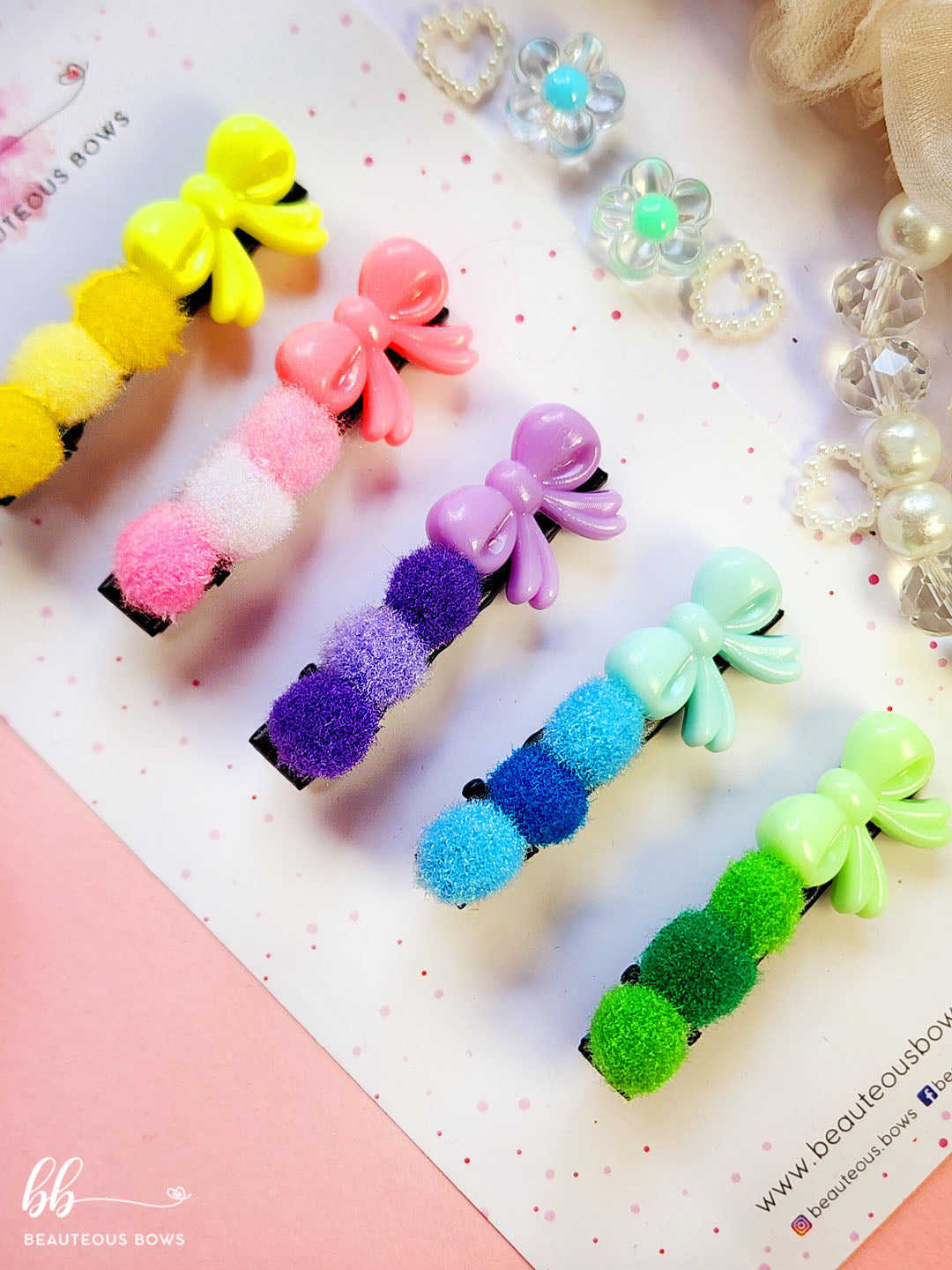 Pom Pom Bow Clip Set of 5
