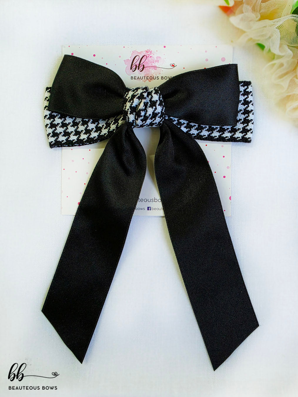 Black Houndstooth Pigtail Bow