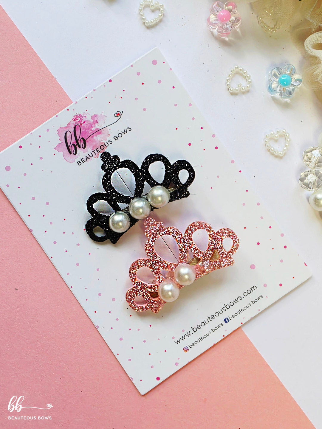 Glitter Crown Pearl Clip Set