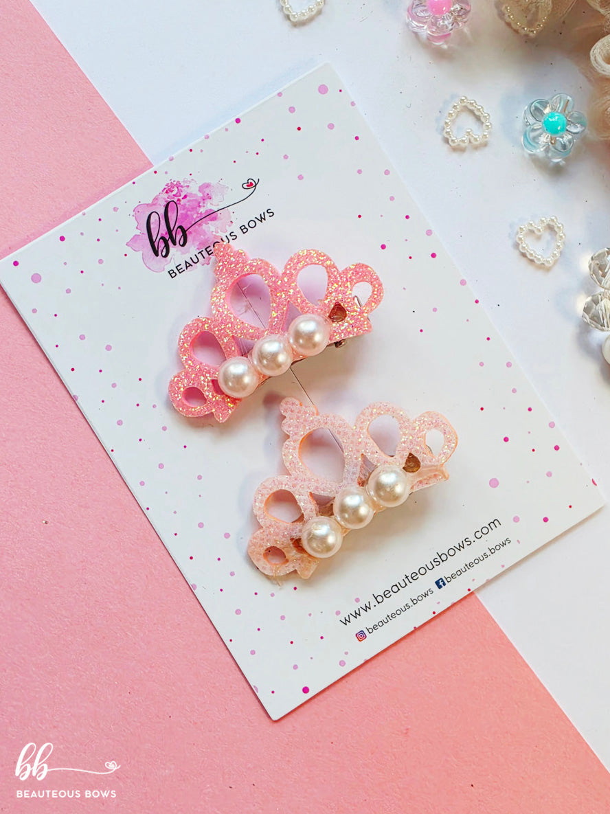 Glitter Crown Pearl Clip Set