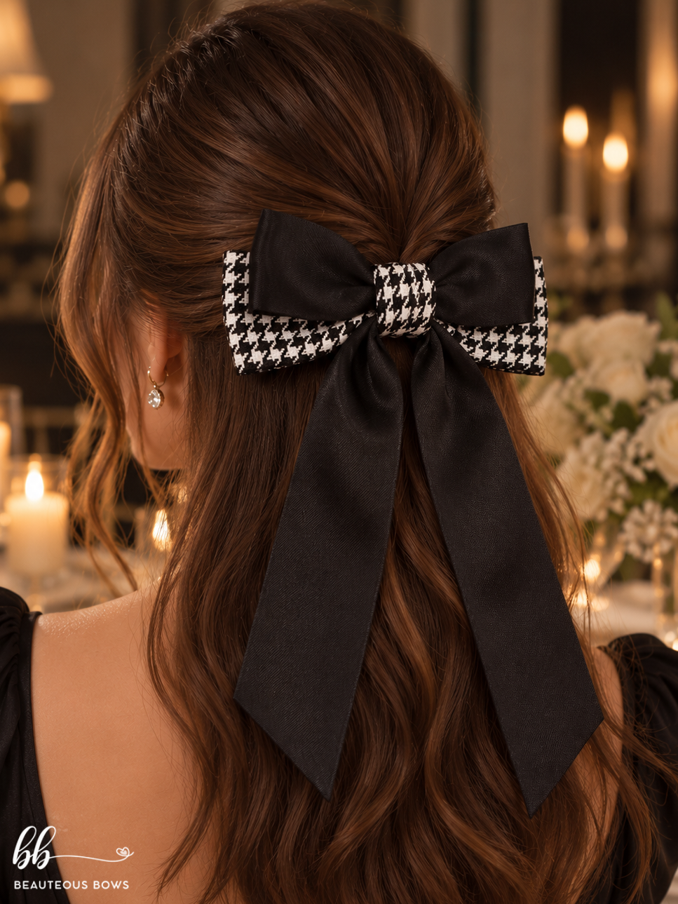 Black Houndstooth Pigtail Bow