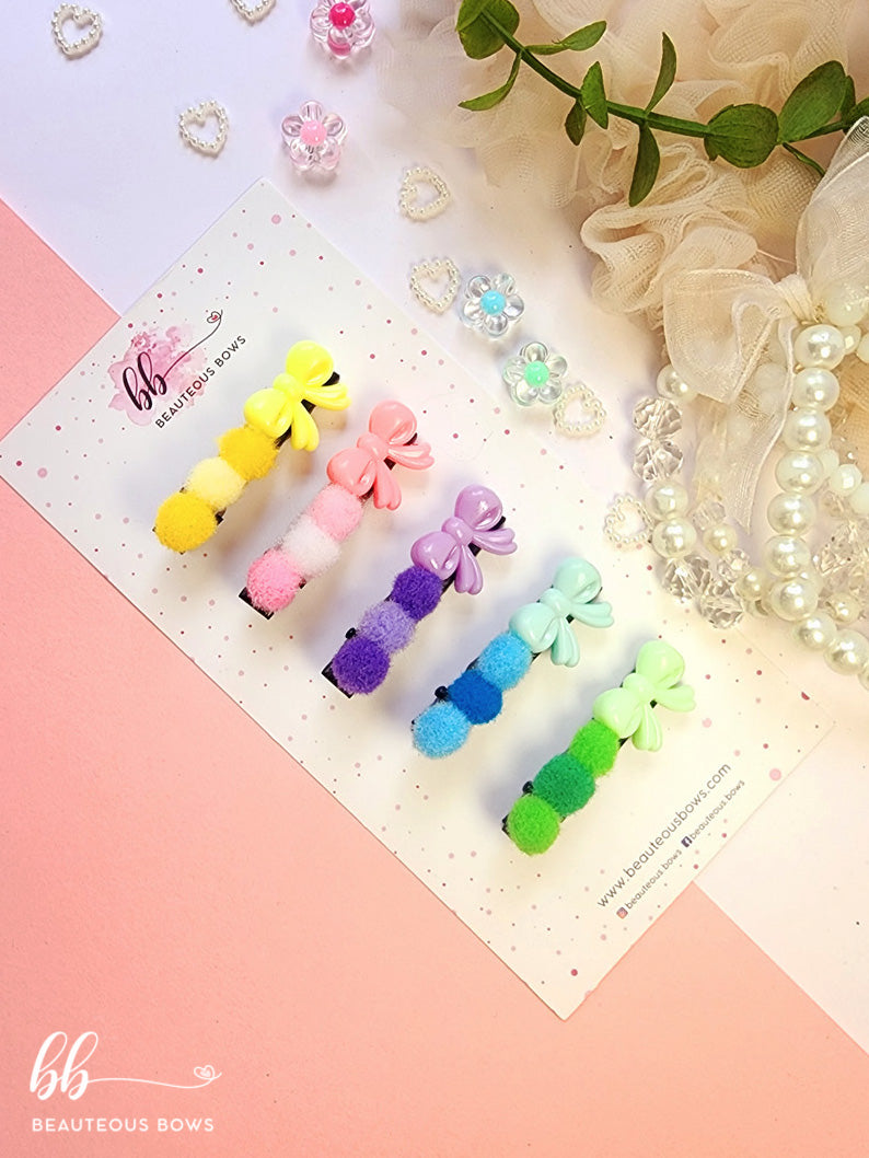 Pom Pom Bow Clip Set of 5