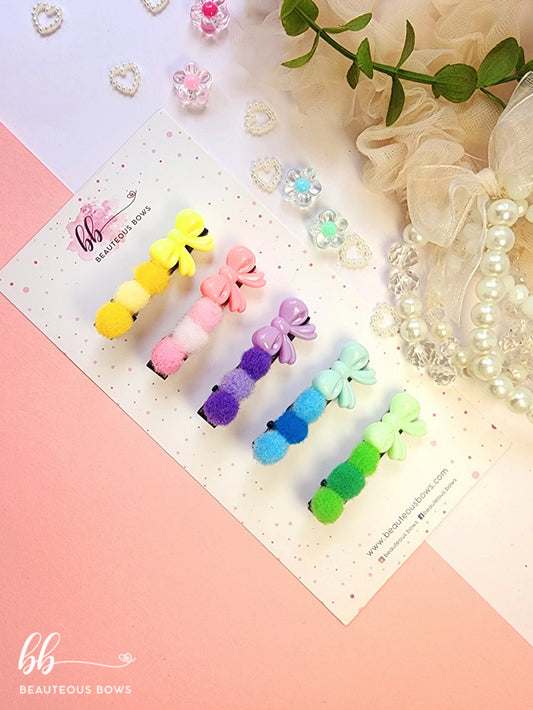 Pom Pom Bow Clip Set of 5
